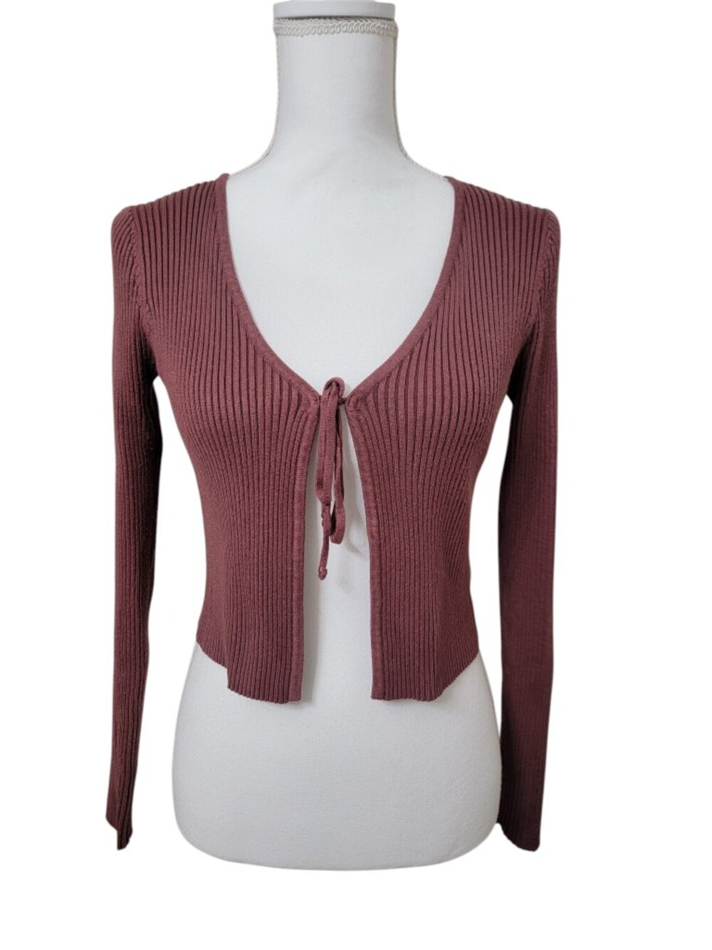 Love Tree Size S Dusty Mauve Ribbed Tie-Front Cropped Cardigan